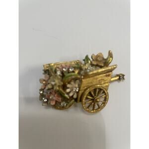 Vintage Signed BSK Enamel Flower Cart Wheel Barrel Brooch